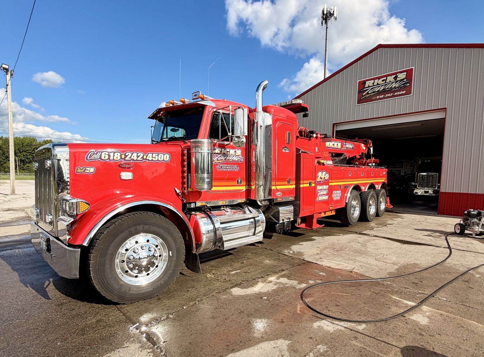 Rick's Towing Unit 3 Peterbilt heavy wrecker outside the Mount Vernon, IL shop